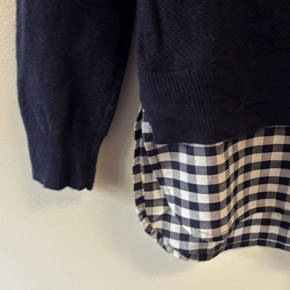 Crewcuts Navy Sweater with Checkered Hem girls sz 12 merino wool blend